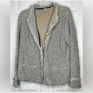 Woman CHICO’S Black White Tweed Fray Edge One Button Jacket Sz 2 Large EUC